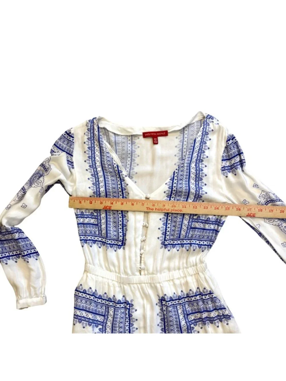 Saks Fifth Avenue Women's Button Front Romper XS White Blue Scarf Print Boho - Picture 5 of 8